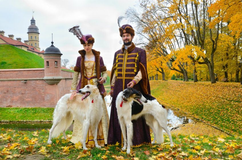 Para w tradycyjnych średniowiecznych kostiumach z dwoma psami